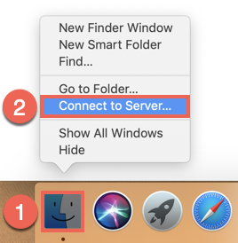 The image shows the process of Right click the Finder Icon and then selecting "Connect to server" from the menu that appears